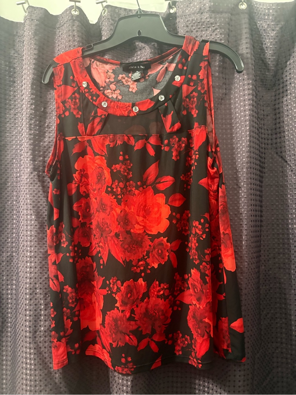 Sleeveless Floral Blouse with Embellished Neckline - Red/Black
